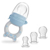 Grignoteur de fruits et légumes en silicone bleu avec poignée de préhension et ses 3 tétines de tailles différentes - Bébé Lova