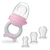 Grignoteur de fruits et légumes en silicone rose avec poignée de préhension et ses 3 tétines de tailles différentes - Bébé Lova