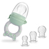 Grignoteur de fruits et légumes en silicone vert avec poignée de préhension et ses 3 tétines de tailles différentes - Bébé Lova