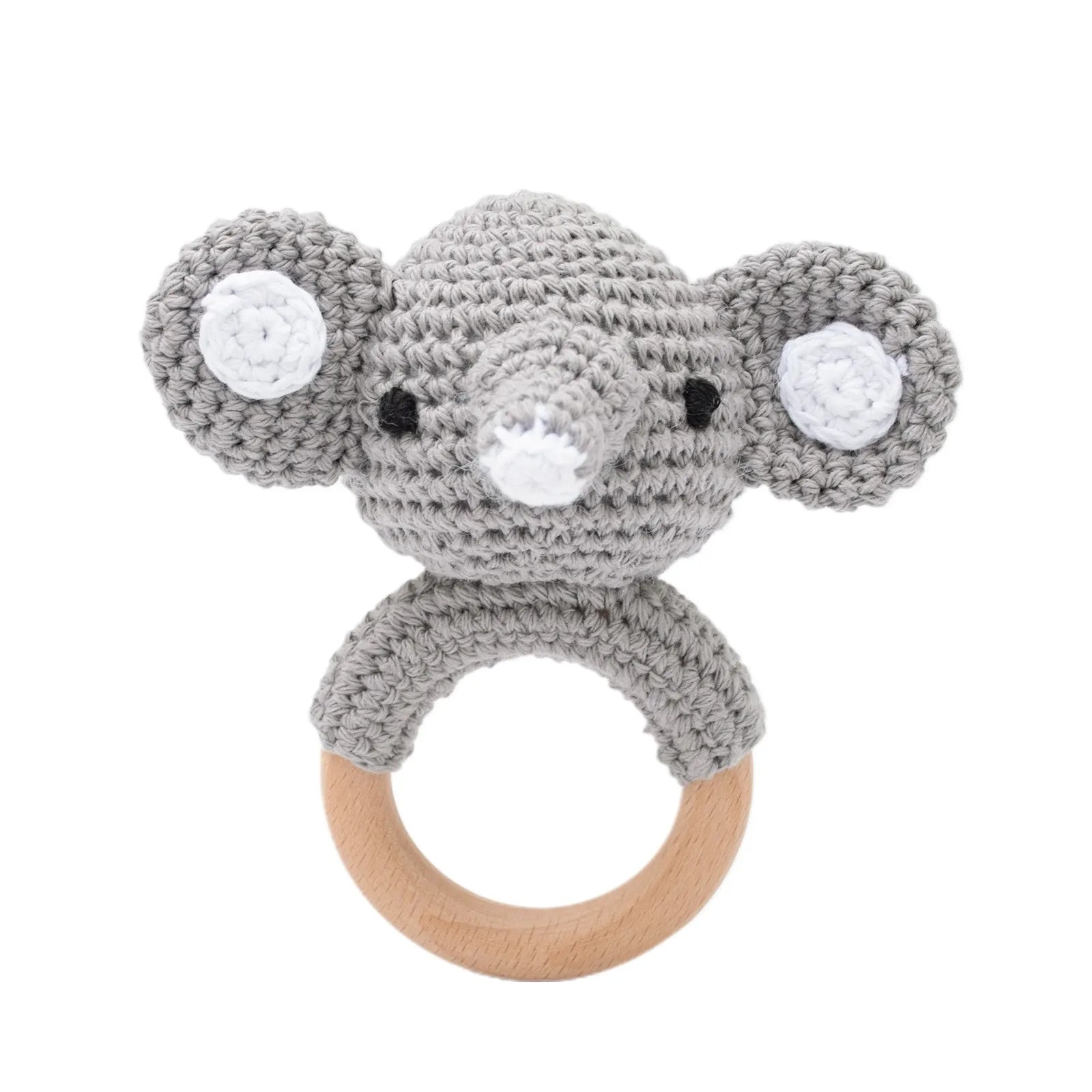 Hochet éléphant crocheté gris avec anneau de dentition en bois naturel - Bébé Lova