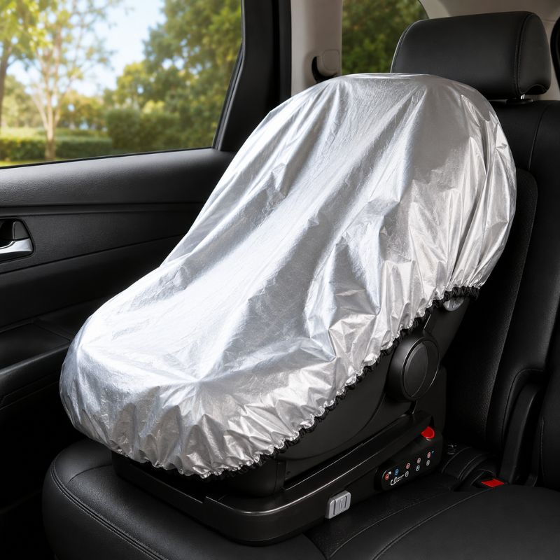 Housse anti-chaleur SunSafe argentée installée sur un siège auto bébé à bord d'une voiture - Bébé Lova
