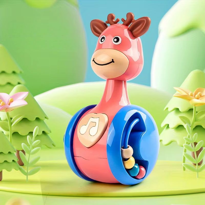 Jouet culbuteur bébé girafe rose avec roues et billes intégrées pour stimuler l’éveil sensoriel - Bébé Lova
