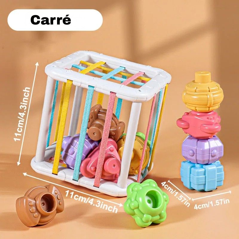 Boîte sensorielle bébé forme carrée 11cm avec cubes texturés colorés - Variante carrée du jeu d'encastrement - Bébé Lova