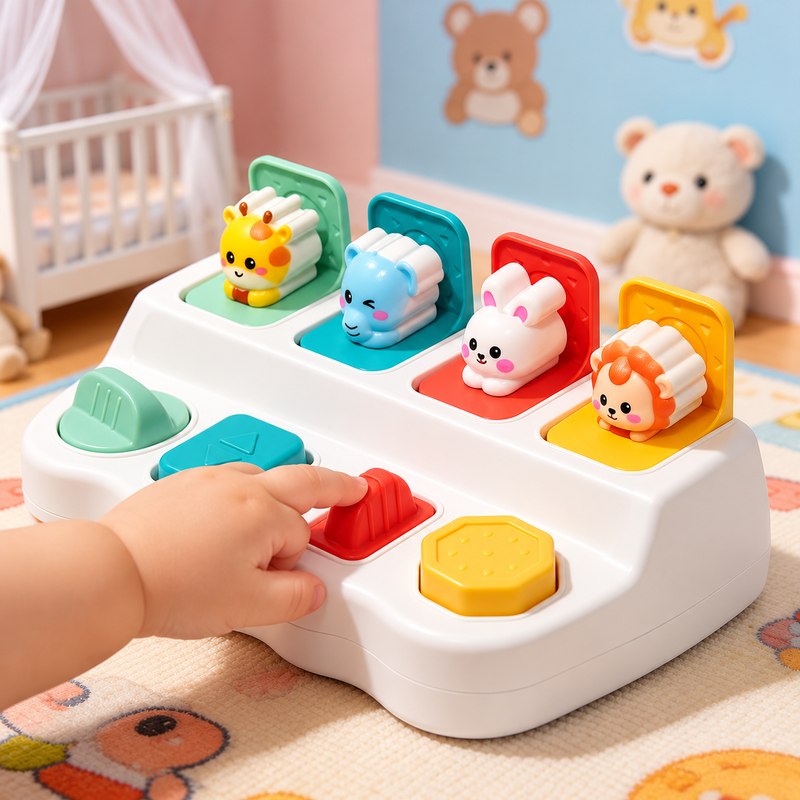Main de bébé actionnant un bouton du jouet pop-up blanc dans une chambre d'enfant - CauseFX - Bébé Lova