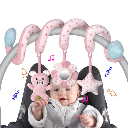 Jouet spiral musical SpiralPlay installé sur un siège auto bébé avec peluche cochon et miroir suspendu - Bébé Lova