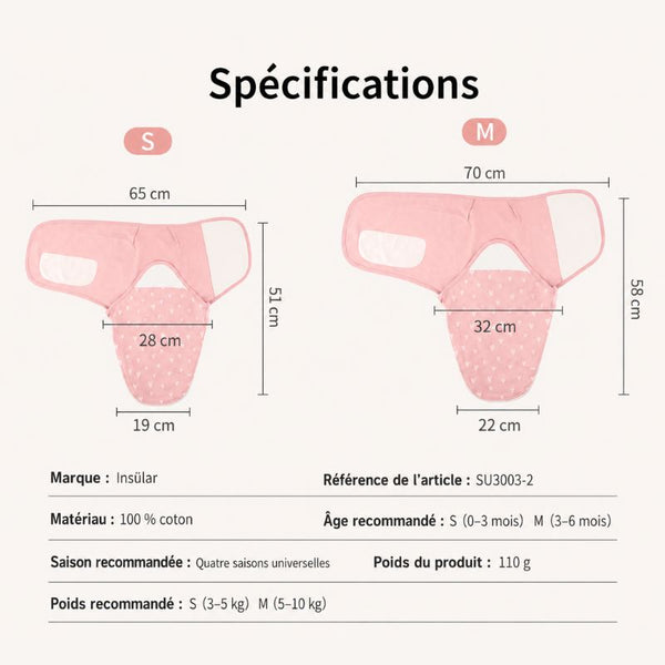 Infographie des spécifications et tailles S et M du lange d'emmaillotage bébé - Bébé Lova