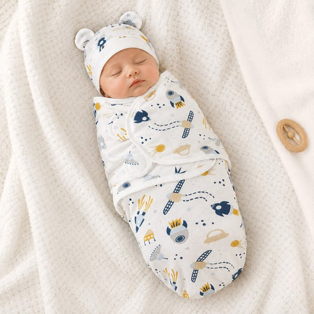 Bébé endormi dans une gigoteuse d’emmaillotage motif espace avec bonnet assorti sur couverture douce - Bébé Lova