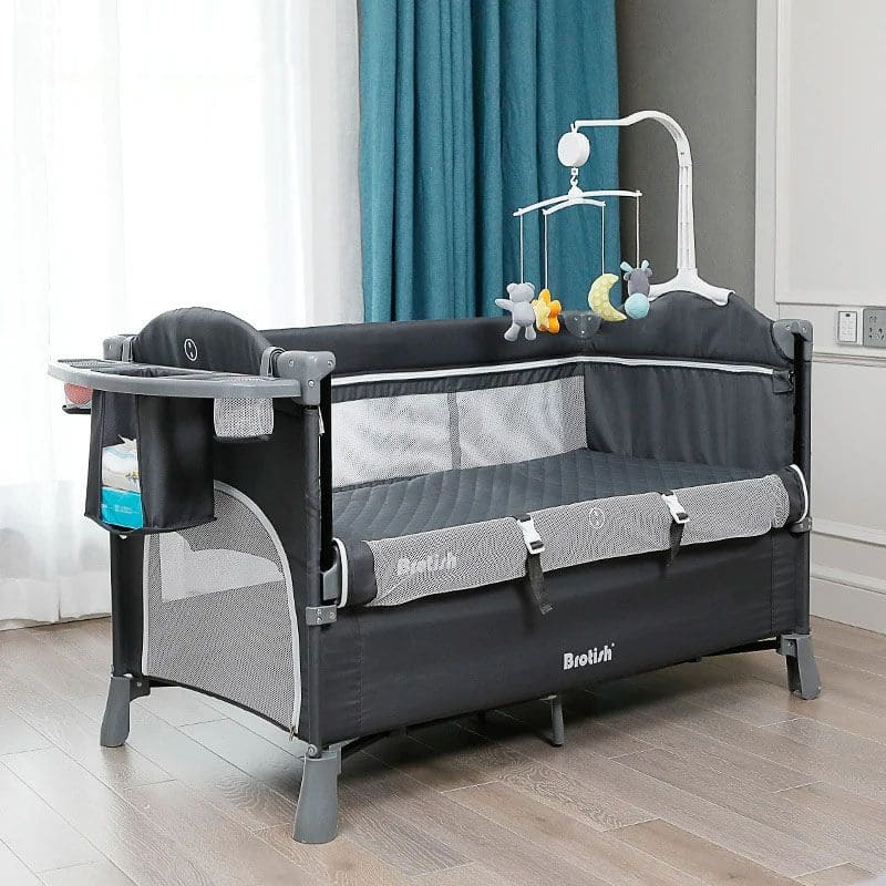 Lit parapluie bébé multifonction avec rangement et mobile suspendu noir charbon - Bébé Lova