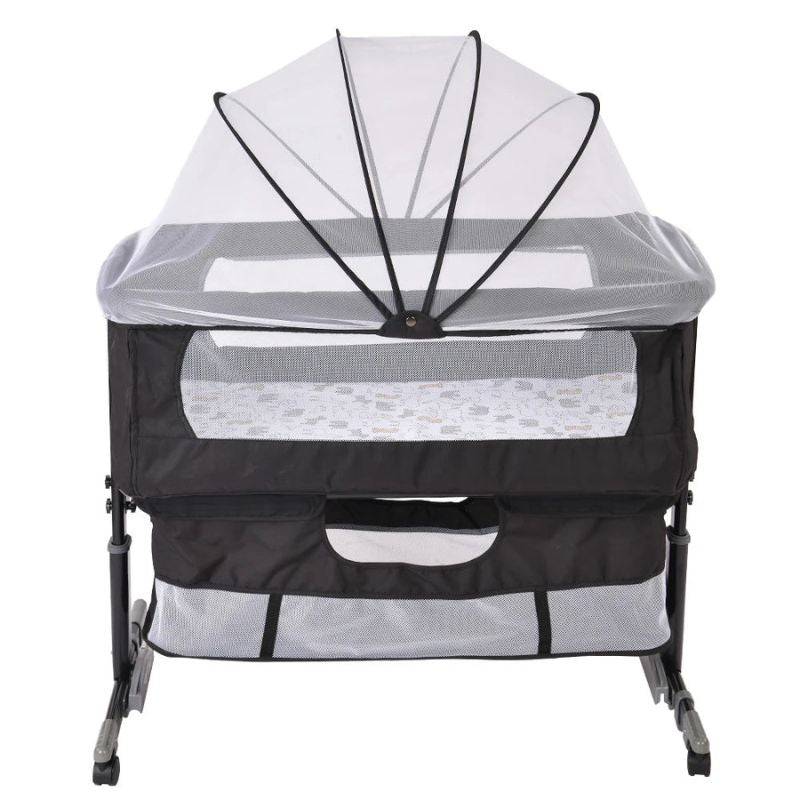 Version noire du lit cododo avec moustiquaire et espace de rangement inférieur - Bébé Lova
