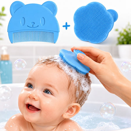 Brosse massante et peigne silicone pour cuir chevelu de bébé utilisés pendant le bain moussant - Bébé Lova