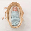 Nouveau-né emmailloté dans un lange bleu pastel dans un panier en osier - Bébé Lova