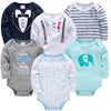 Lot de six bodies bébé manches longues à motifs smoking, bretelles, rayures et éléphant - Bébé Lova