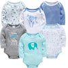 Lot de six bodies bébé manches longues à motifs chiens, éléphants, rayures et imprimés - Bébé Lova