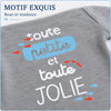 Vue de dos d'un body bébé gris avec motif « toute petite et toute jolie » et petits poissons - Bébé Lova