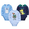 Lot de trois bodies bébé manches longues à motifs lapin, pingouin et crocodile dans les tons bleus - Bébé Lova