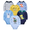 Lot de six bodies bébé manches longues à motifs animaux et engins dans les tons bleus, gris et jaune - Bébé Lova
