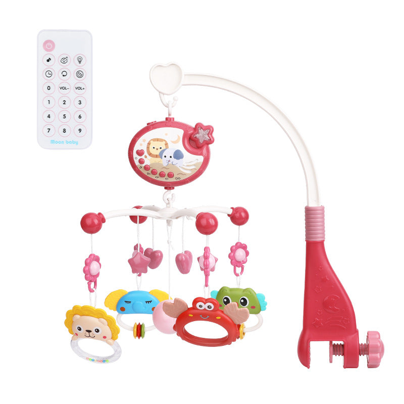 Version rose du mobile musical bébé avec télécommande et jouets suspendus - Bébé Lova
