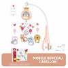 Mobile berceau carillon rose avec télécommande et dimensions du produit affichées - Bébé Lova