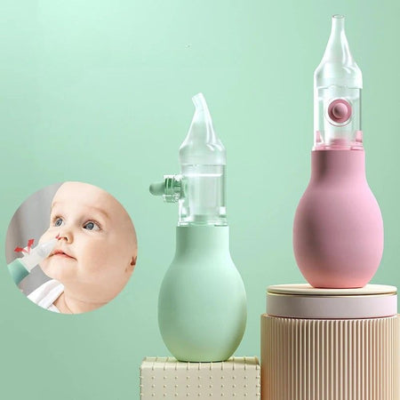 Mouche-bébé aspirateur nasal anti-reflux présenté en vert et rose avec aperçu de l'utilisation - Bébé Lova