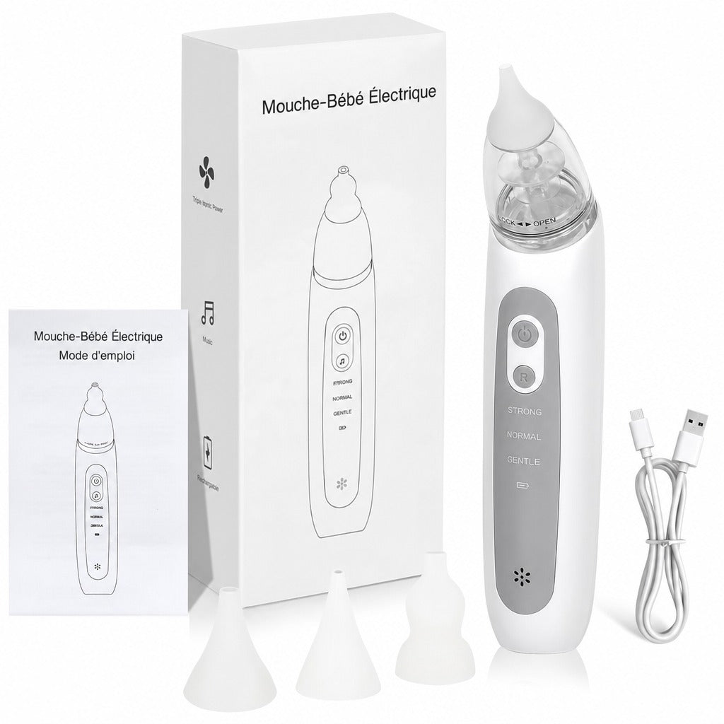 Contenu complet du colis du mouche-bébé électrique rechargeable avec embouts et câble USB - Bébé Lova