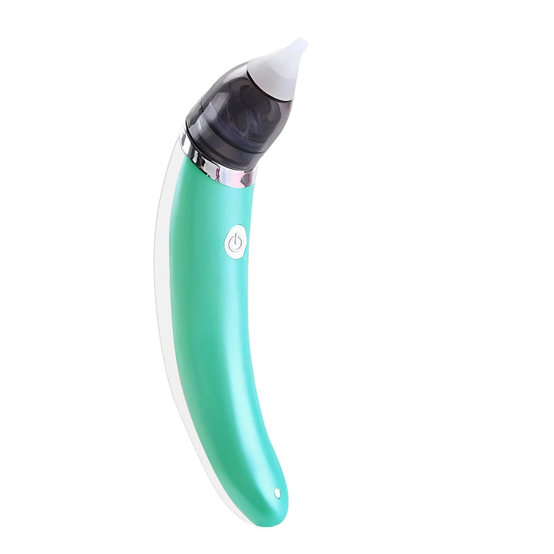 Mouche-bébé électrique rechargeable vert avec embout en silicone sur fond clair - Bébé Lova