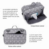 Infographie présentant le sac organisateur de poussette gris à flèches avec compartiment central et poche arrière antivol - Bébé Lova