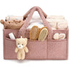 Vue principale de l’organiseur de couches en peluche rose avec accessoires pour bébé - Bébé Lova