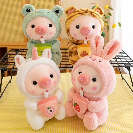 Collection de peluches cochons kawaii bubble tea avec costumes animaux et gobelets colorés - Bébé Lova