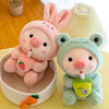 Duo de peluches cochons kawaii bubble tea en costumes lapin rose et grenouille verte - Bébé Lova