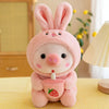 Peluche cochon kawaii bubble tea en costume lapin rose avec gobelet fraise - Bébé Lova