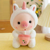 Peluche cochon kawaii bubble tea en costume licorne blanche avec gobelet pêche - Bébé Lova