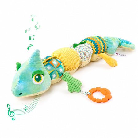 Peluche musicale caméléon avec anneau de dentition et notes de musique sur fond blanc - Bébé Lova