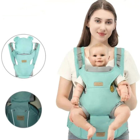 Maman portant son bébé en position ventrale avec le porte-bébé 3 en 1 turquoise et aperçus des détails - Bébé Lova