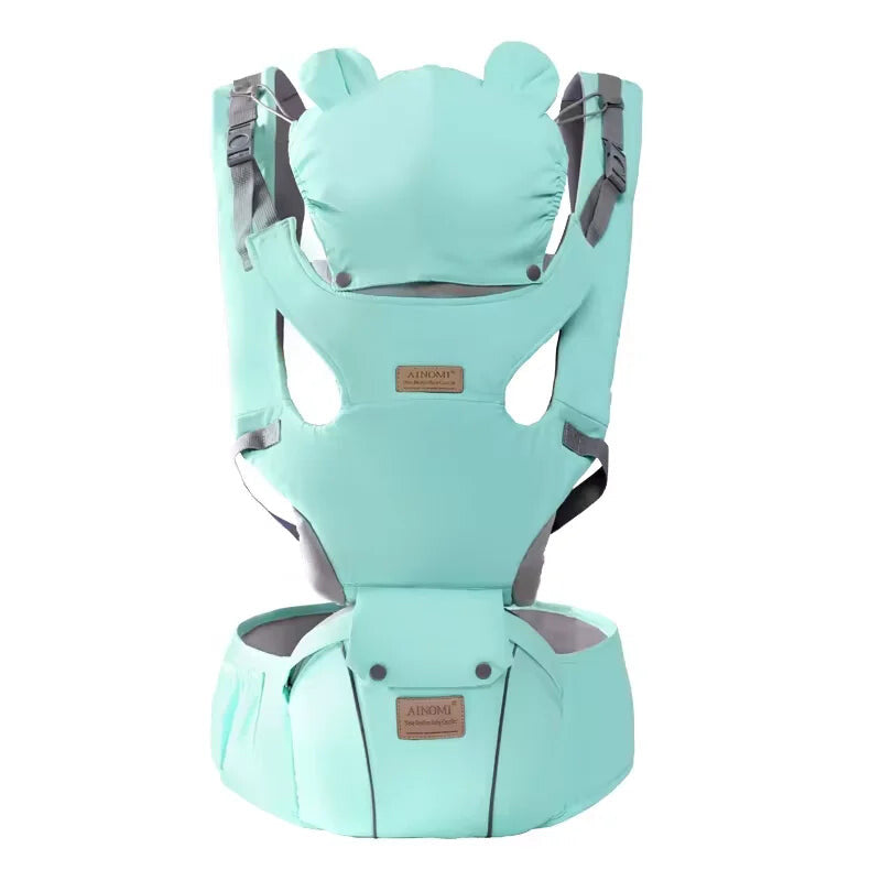 Porte-bébé 3 en 1 avec siège à hanche coloris turquoise sur fond blanc - Bébé Lova
