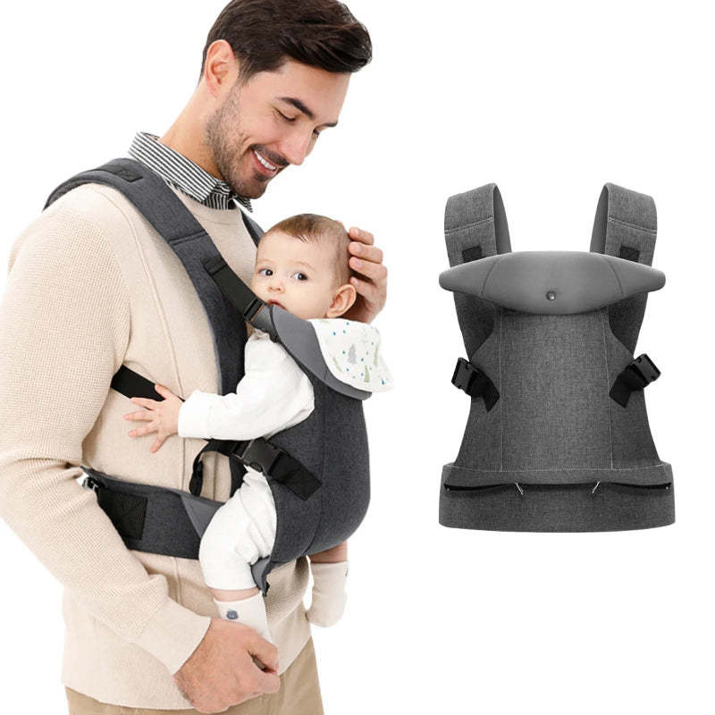 Porte-bébé 4 saisons multi-positions coloris gris chiné porté par un papa - Bébé Lova