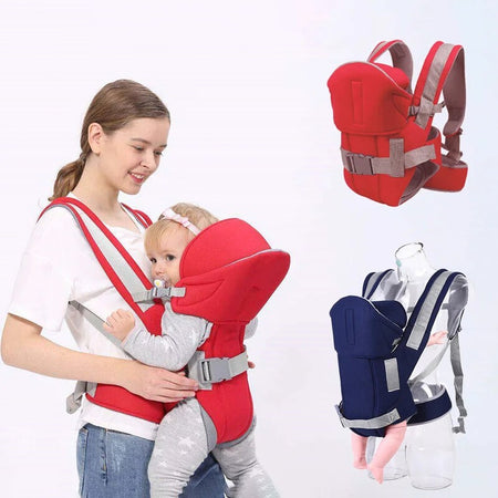Porte-bébé rouge porté par une maman avec aperçu des coloris rouge et bleu marine - Bébé Lova