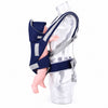 Vue de côté du porte-bébé bleu marine présenté sur mannequin avec bébé - Bébé Lova