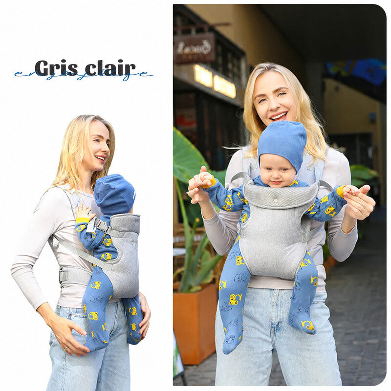 Porte-bébé ergonomique gris clair porté par une maman en position ergonomique - Bébé Lova