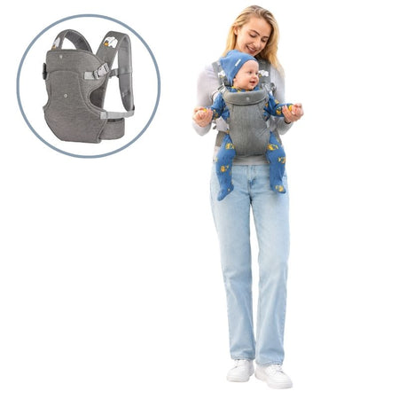 Porte-bébé ergonomique gris foncé porté par une maman, bébé face aux parents - Bébé Lova