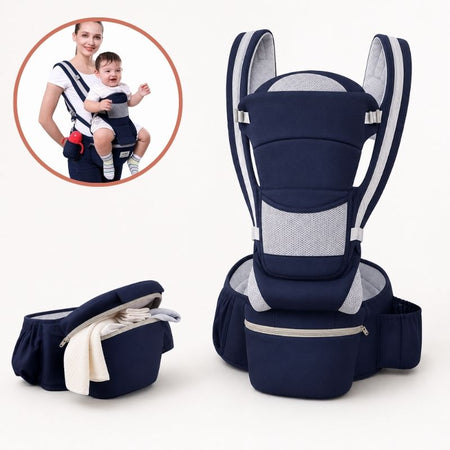 Porte-bébé ergonomique hipseat bleu marine vu de face avec poche de rangement - Bébé Lova