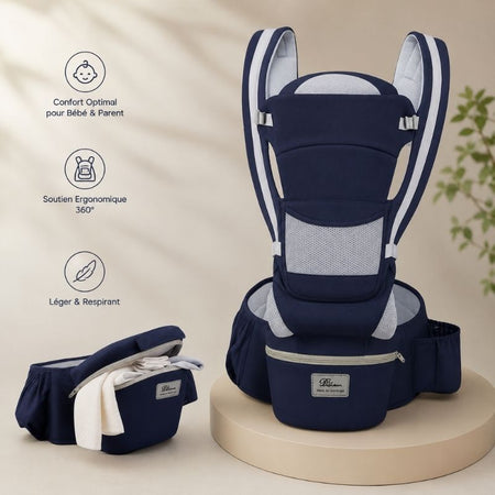 Porte-bébé ergonomique hipseat bleu marine et ses caractéristiques confort et soutien ergonomique 360 degrés - Bébé Lova