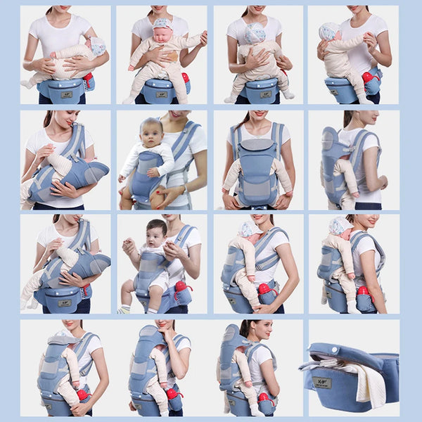 Porte-bébé ergonomique hipseat illustré dans ses différentes positions de portage - Bébé Lova