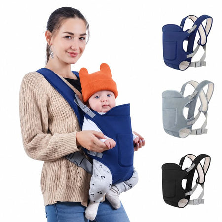 Porte-bébé ergonomique multiposition BabyFlex porté avec bébé et aperçu des trois coloris disponibles - Bébé Lova