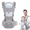 Porte-bébé gris ergonomique avec bébé assis en position sécurisée - Bébé Lova
