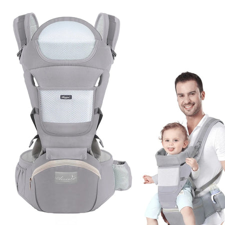 Porte-bébé gris ergonomique avec bébé assis en position sécurisée - Bébé Lova