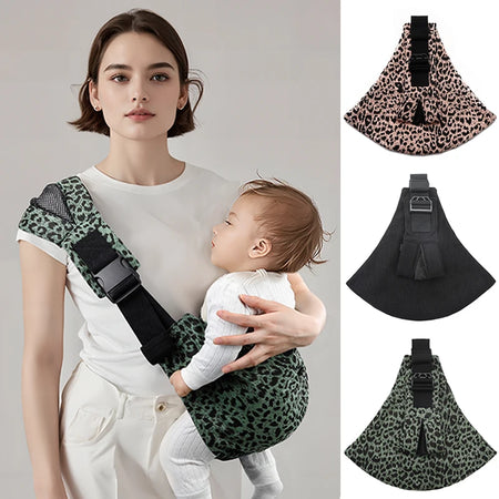 Maman portant son bébé endormi dans le porte-bébé à bandoulière léopard vert avec aperçu des coloris - Bébé Lova