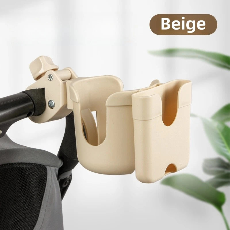 Porte-gobelet de poussette universel coloris beige installé sur une poussette - Bébé Lova