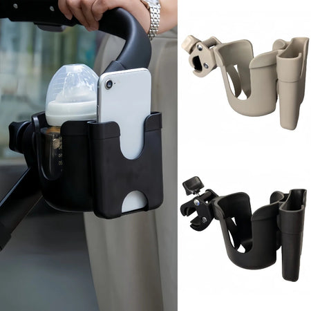 Porte-gobelet de poussette universel installé sur un guidon avec biberon et téléphone et aperçu des coloris beige et noir - Bébé Lova
