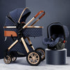 Poussette 3 en 1 bleu marine sur châssis doré avec nacelle et coque siège auto - Bébé Lova