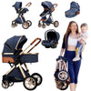 Poussette 3 en 1 bleu marine présentée dans ses différents modes avec coque siège auto et format plié - Bébé Lova